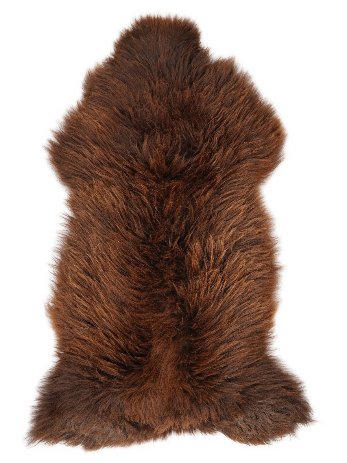 Brown sheepskin rug of about 130 × 65 cm, seen from above: the exact sheepskin you receive