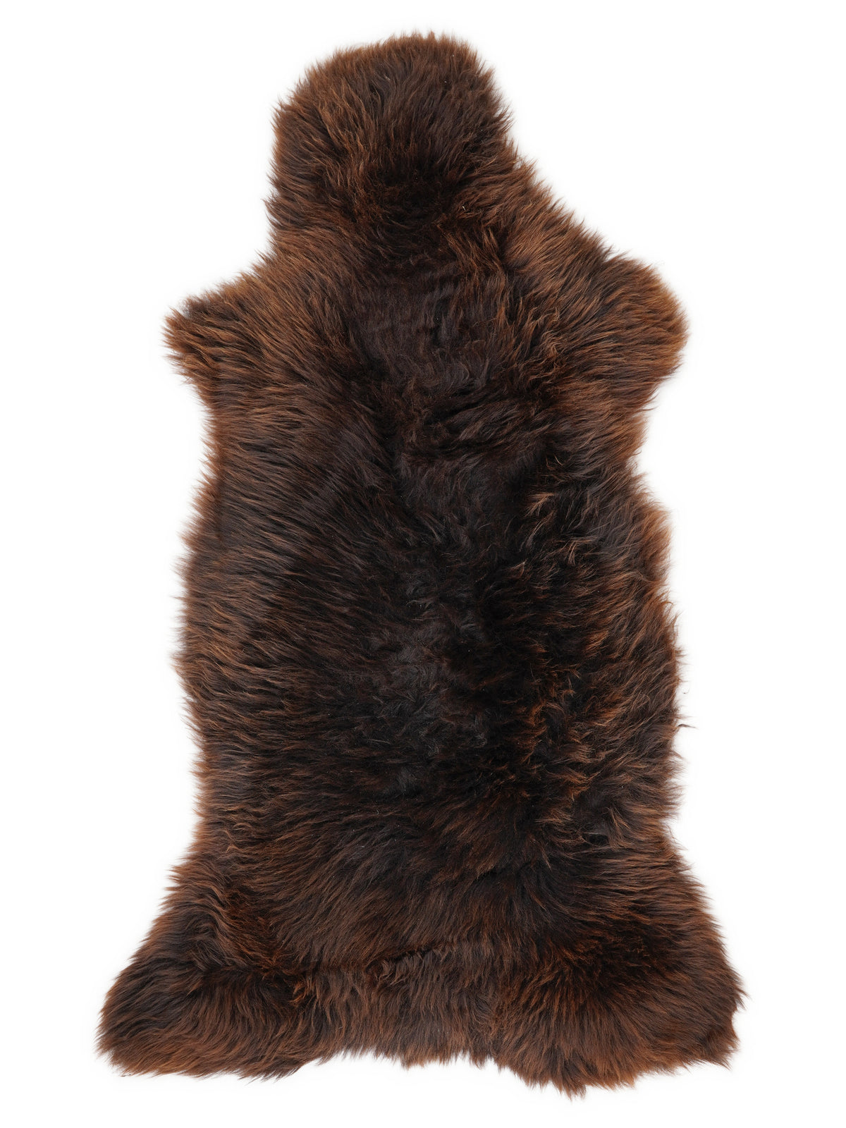 Brown sheepskin rug of about 135 × 60 cm, seen from above: the exact sheepskin you receive
