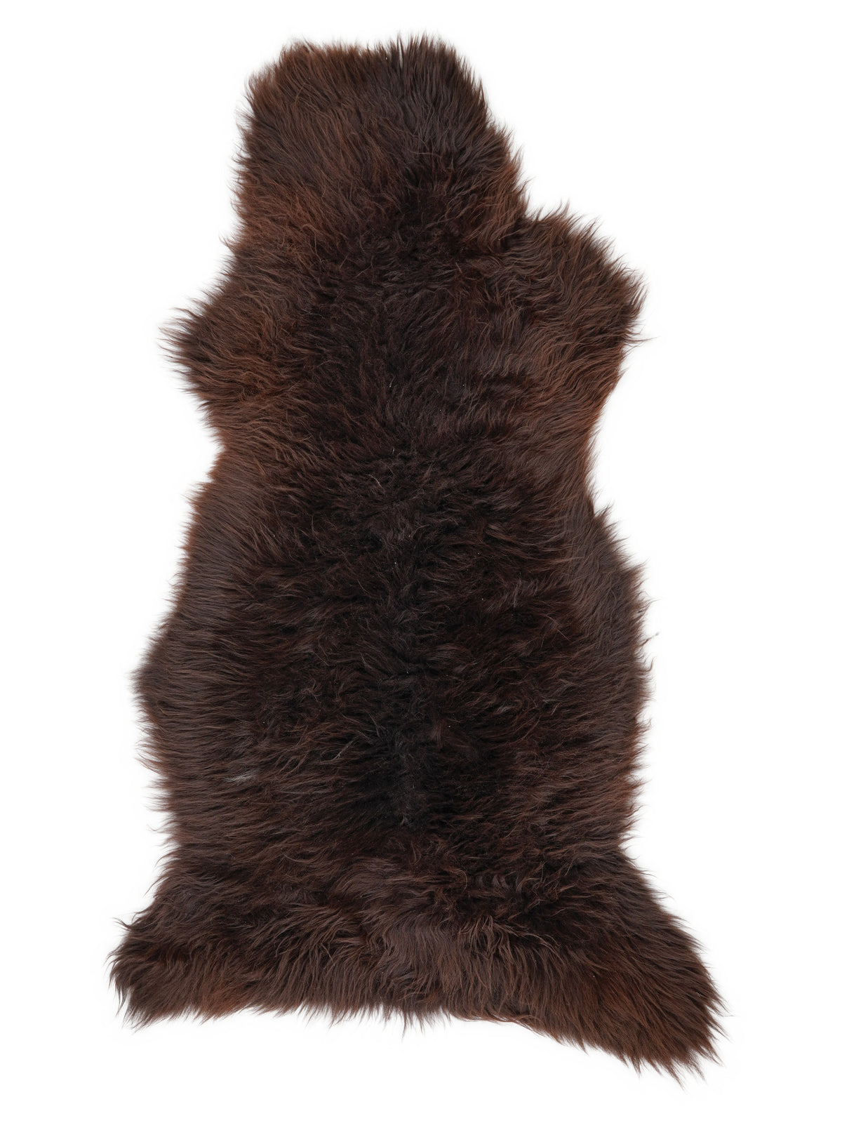 Brown sheepskin rug of about 145 × 65 cm, seen from above: the exact sheepskin you receive