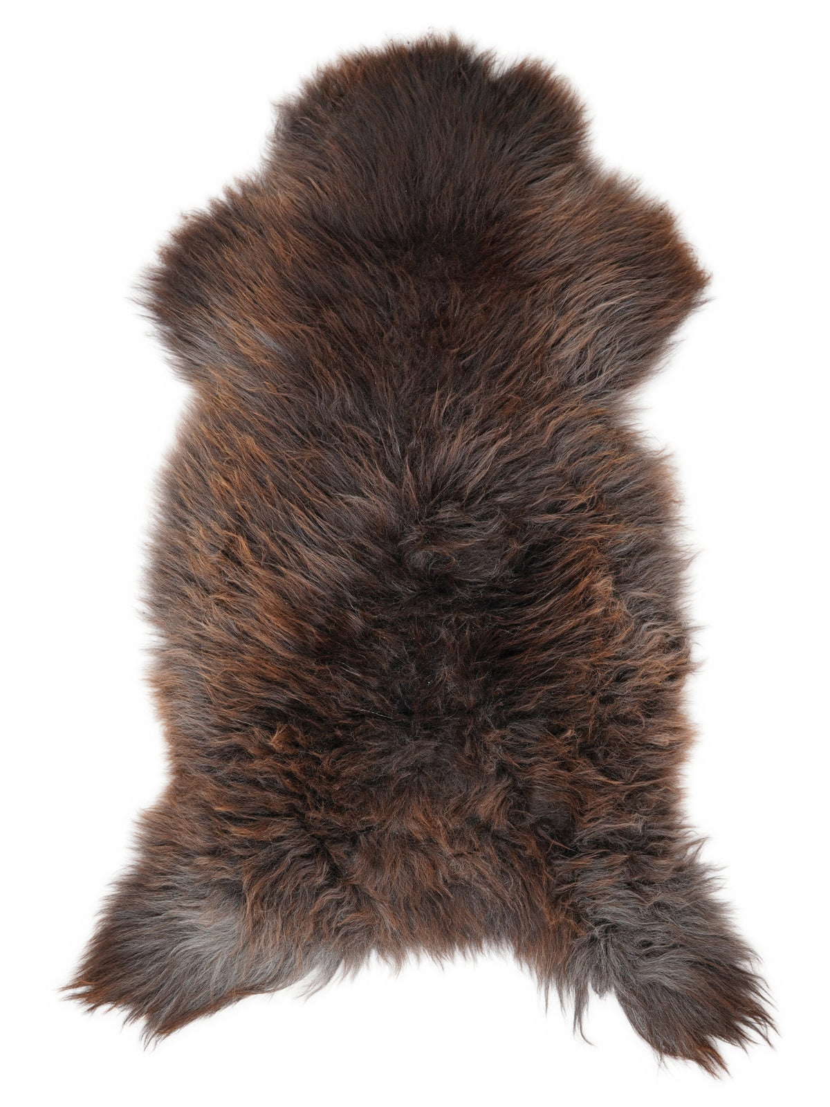 Brown sheepskin rug of about 135 × 65 cm, seen from above: the exact sheepskin you receive