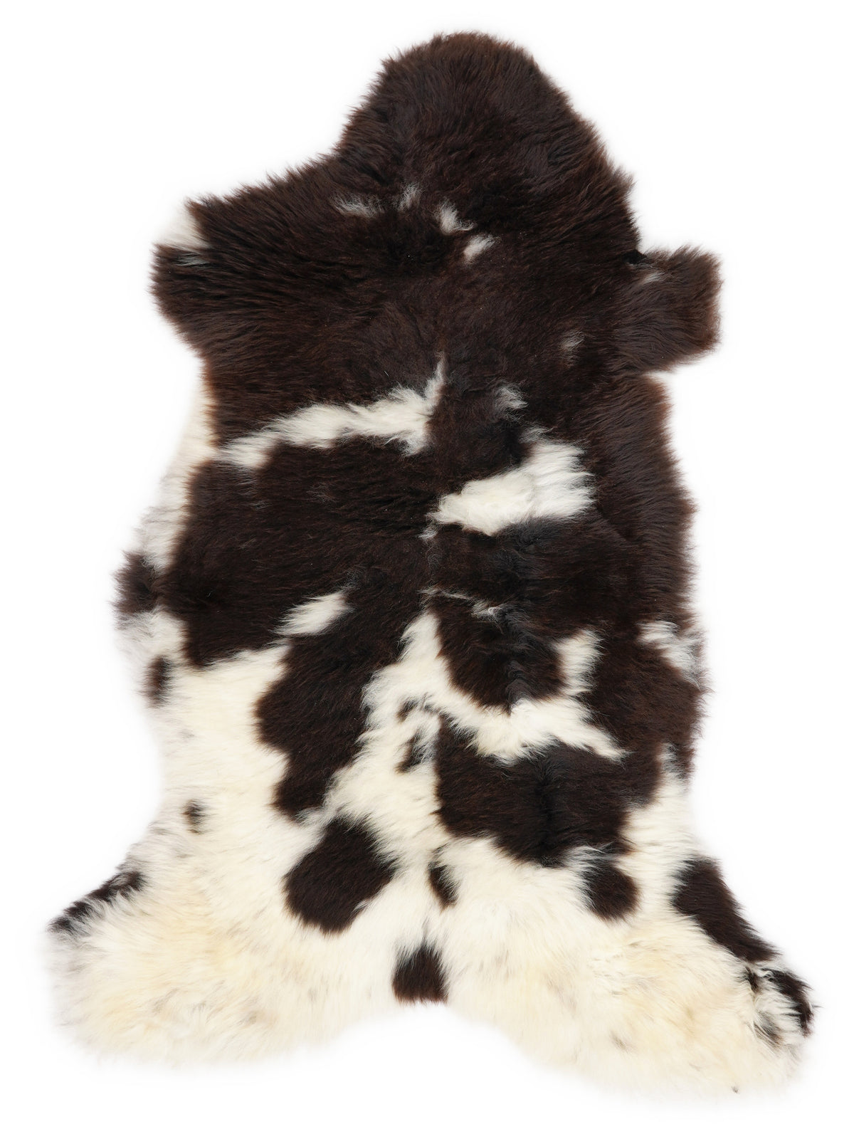 British multicolour sheepskin rug of about 110 × 55 cm, seen from above: the exact sheepskin you receive