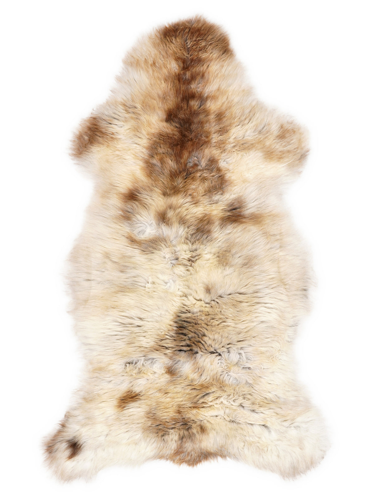 British multicolour sheepskin rug of about 115 × 60 cm, seen from above: the exact sheepskin you receive