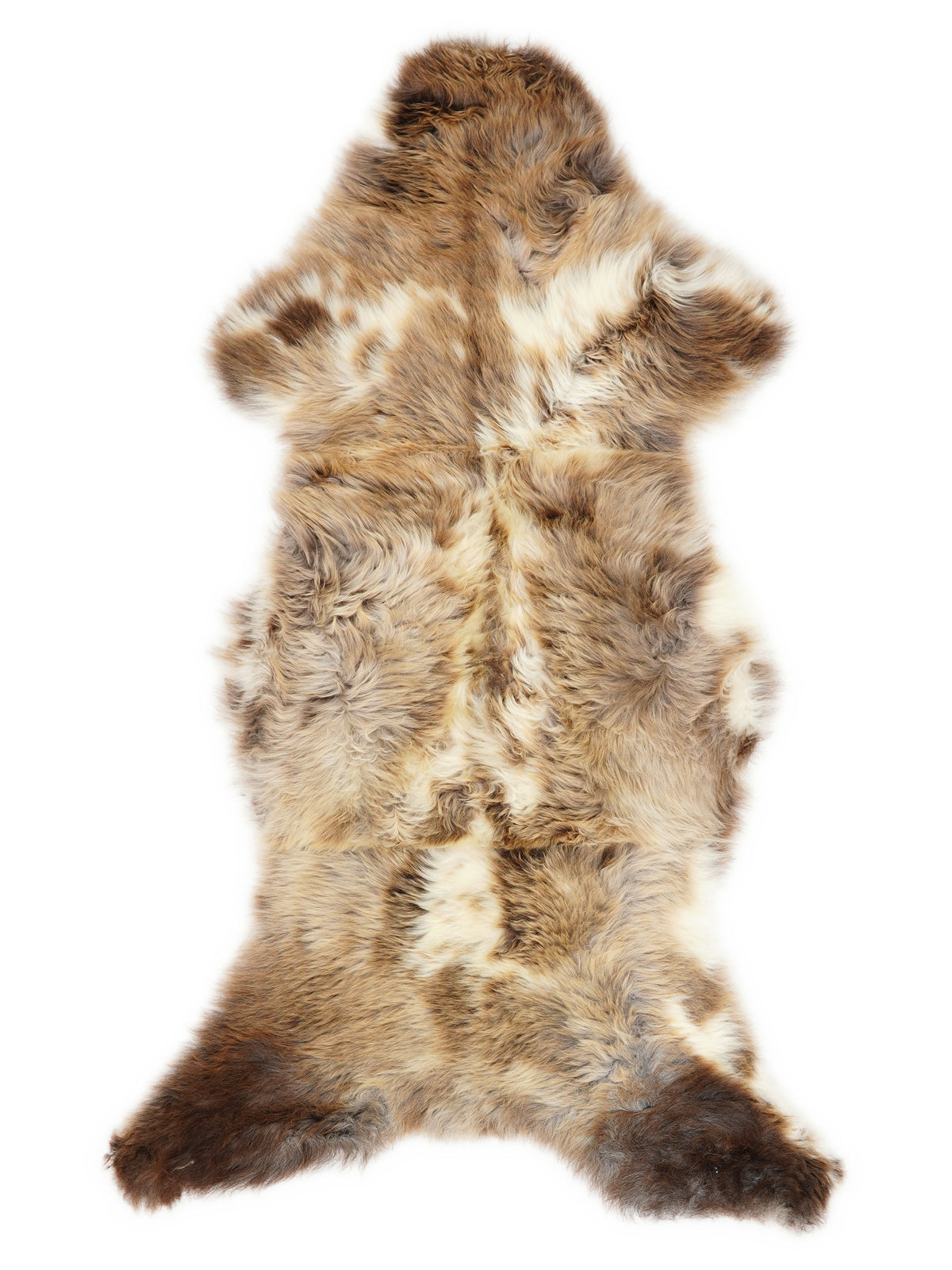 British multicolour sheepskin rug of about 130 × 55 cm, seen from above: the exact sheepskin you receive