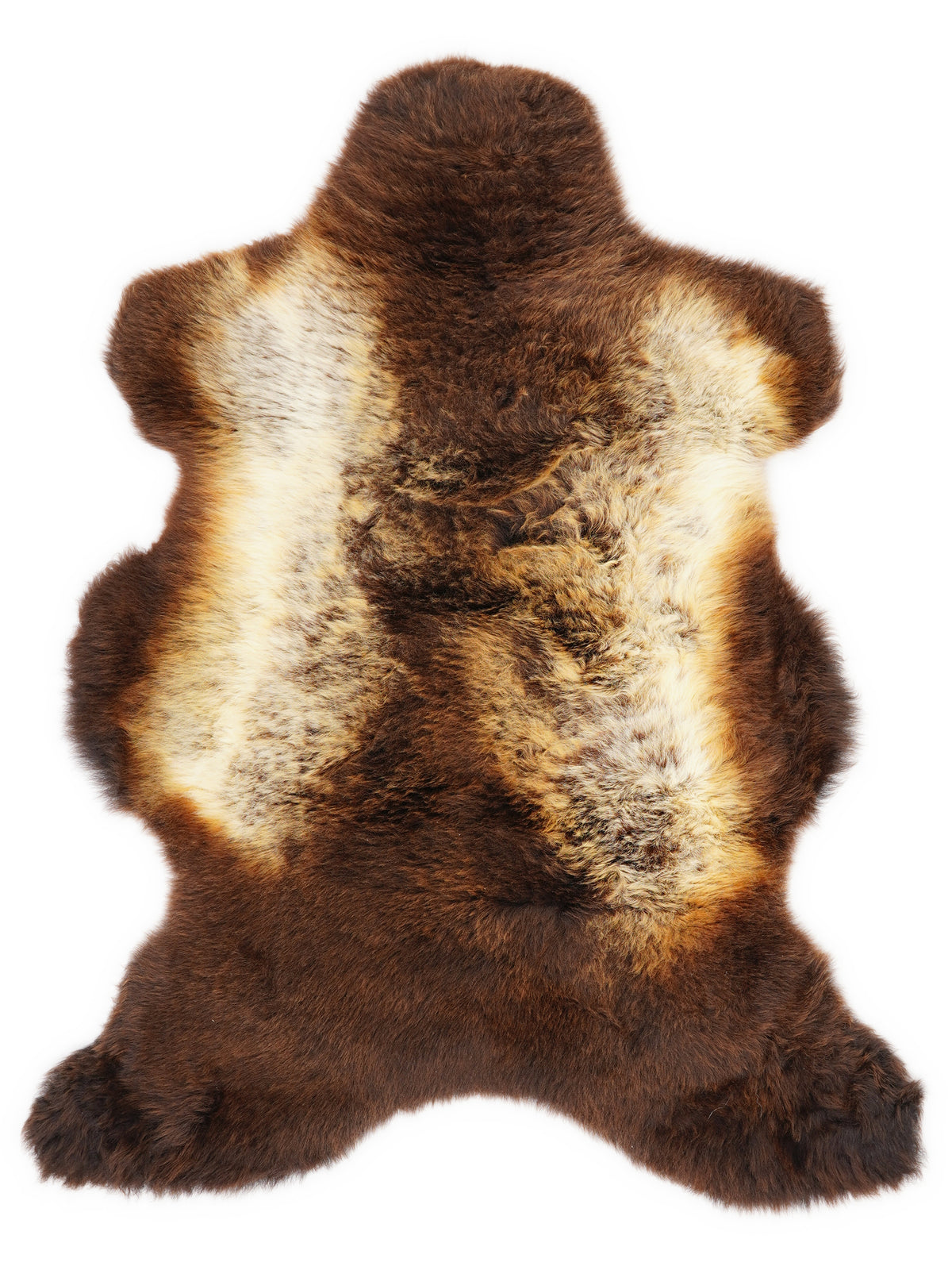 British multicolour sheepskin rug of about 105 × 65 cm, seen from above: the exact sheepskin you receive