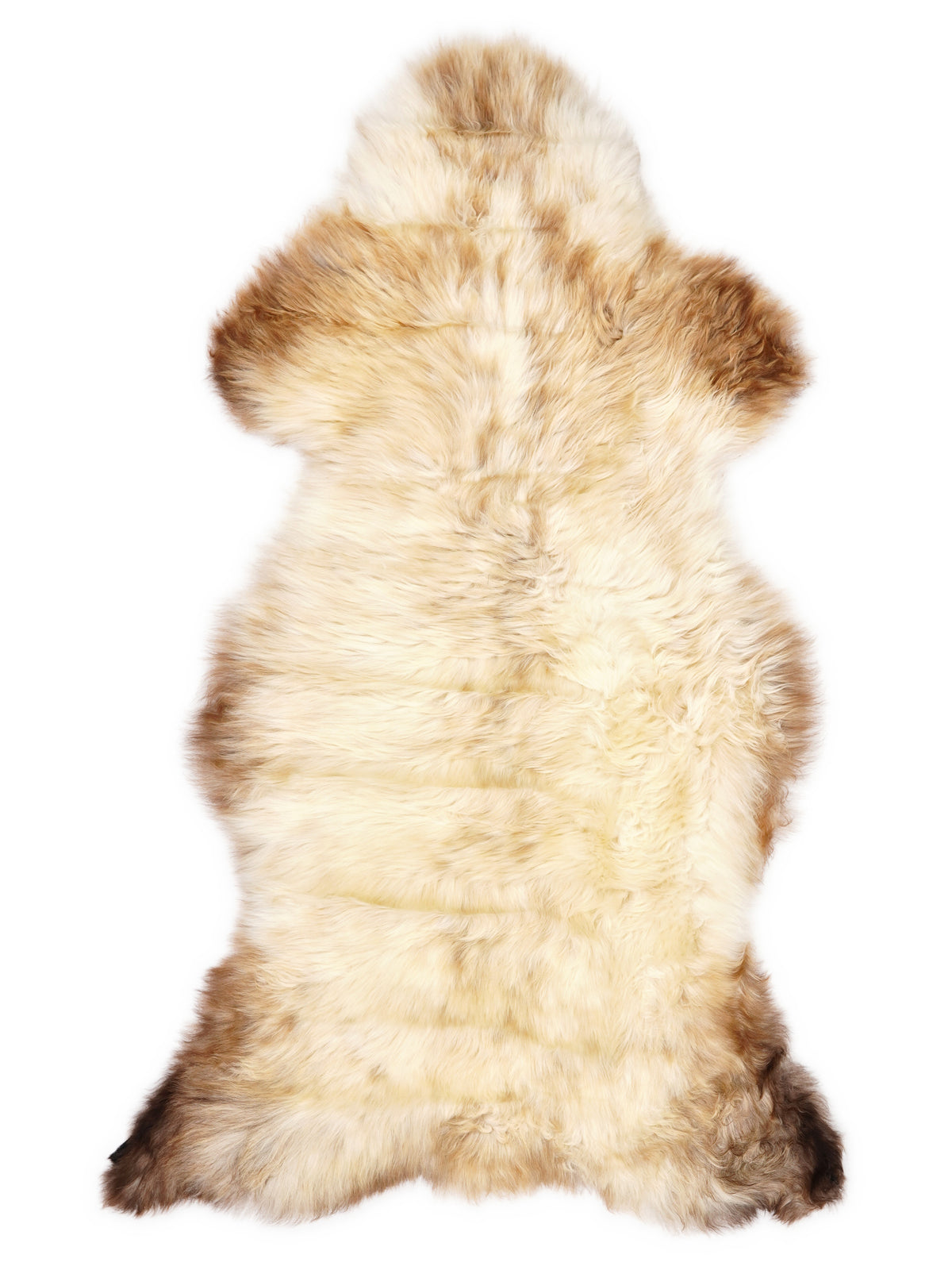 British multicolour sheepskin rug of about 125 × 60 cm, seen from above: the exact sheepskin you receive