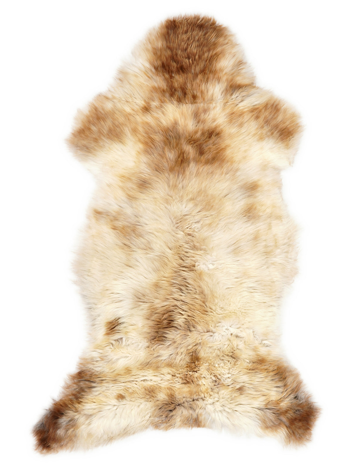 British multicolour sheepskin rug of about 115 × 55 cm, seen from above: the exact sheepskin you receive