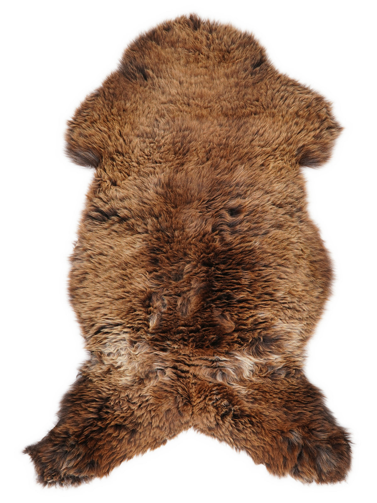 Brown sheepskin rug of about 120 × 60 cm, seen from above: the exact sheepskin you receive