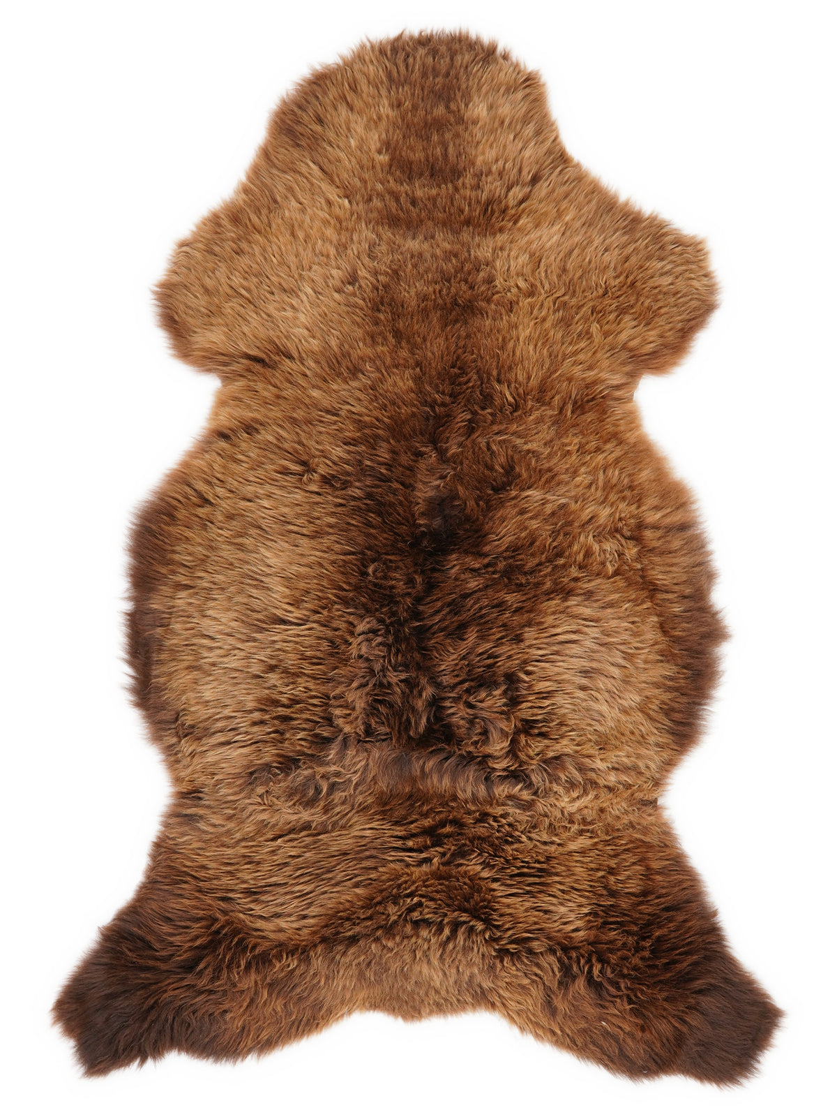 Brown sheepskin rug of about 110 × 60 cm, seen from above: the exact sheepskin you receive