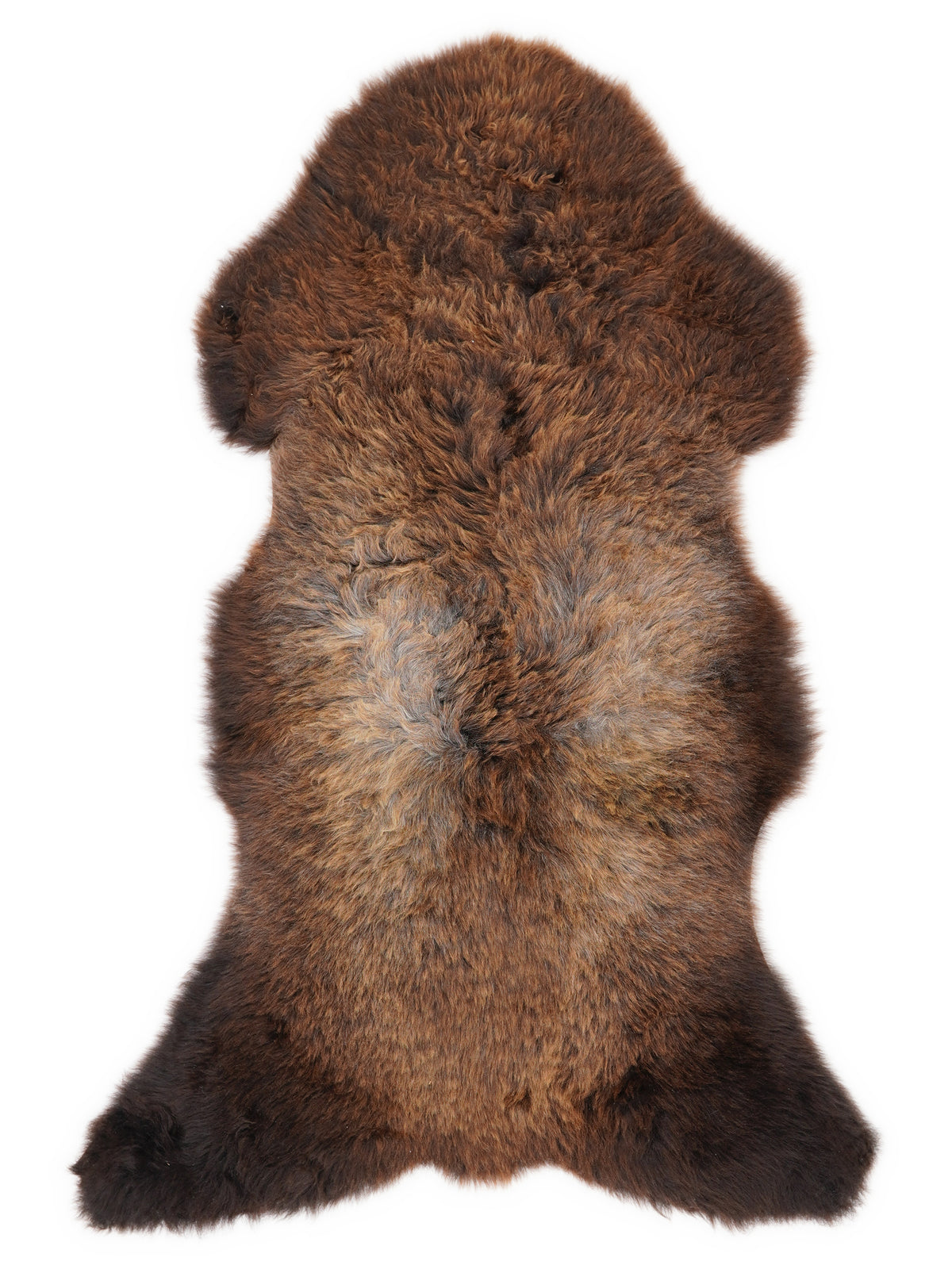 Brown sheepskin rug of about 110 × 55 cm, seen from above: the exact sheepskin you receive