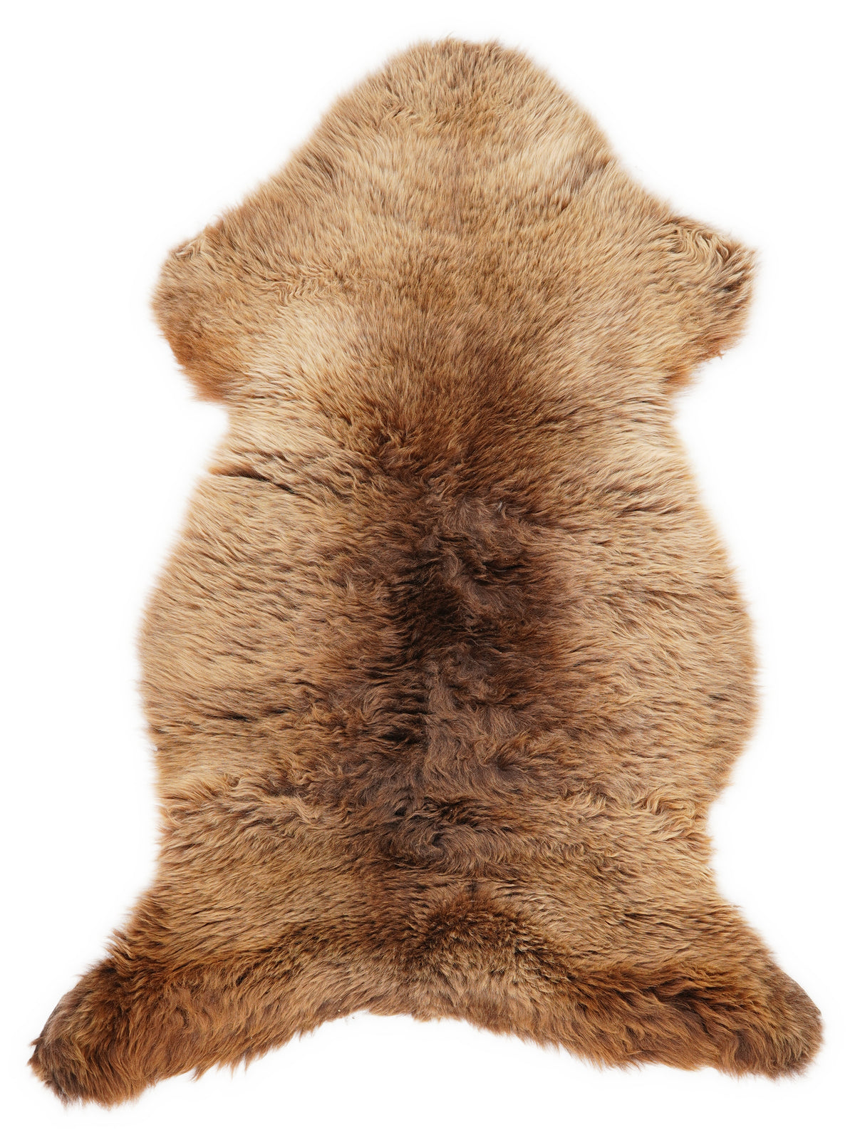 Brown sheepskin rug of about 110 × 60 cm, seen from above: the exact sheepskin you receive