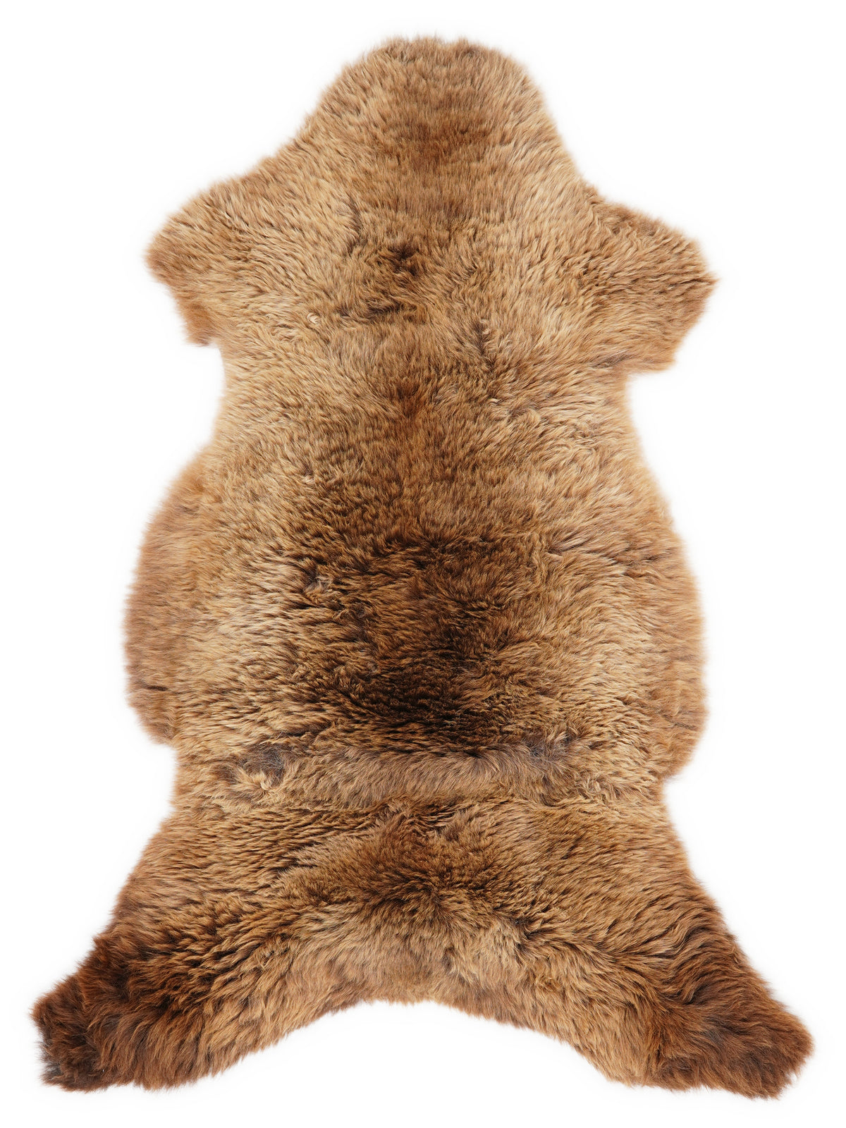 Brown sheepskin rug of about 110 × 60 cm, seen from above: the exact sheepskin you receive