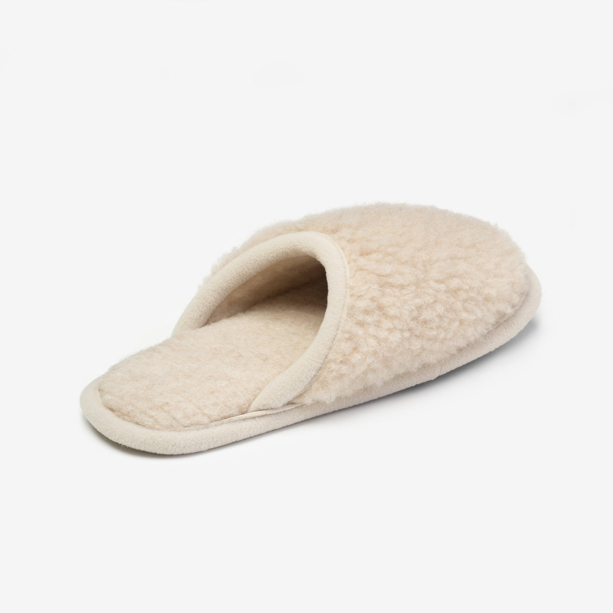 Beige merino slipper from the front, with the soft wool inside