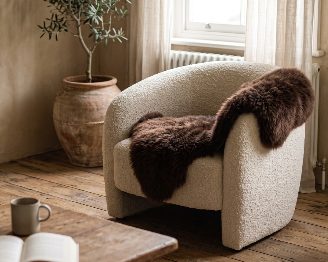 Brown sheepskin rug over a bouclé armchair by the window