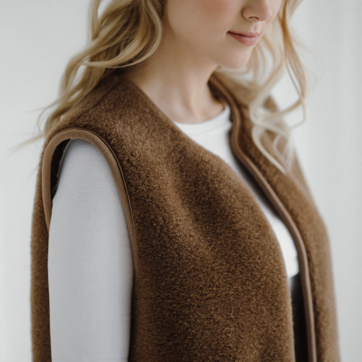 Close-up of the Pearl vest at the collar