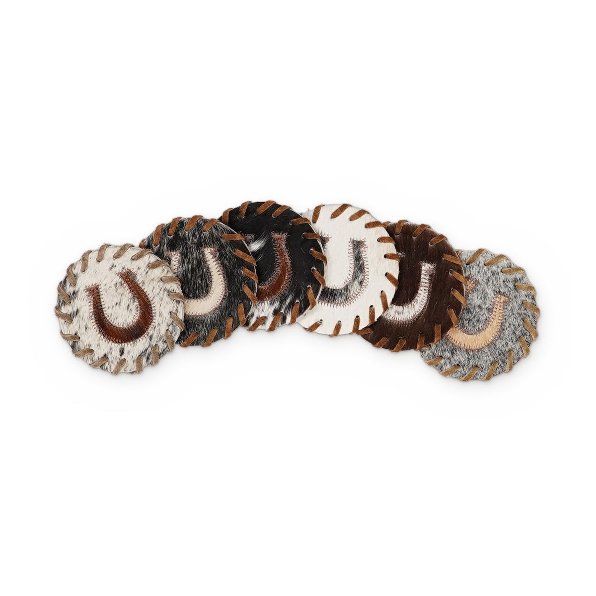 6 cowhide coasters with a horseshoe in mixed hide colours