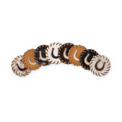 8 cowhide coasters with a horseshoe in mixed hide colours
