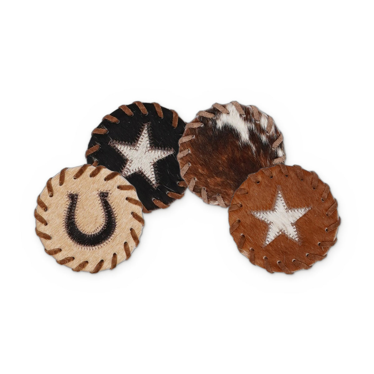 Cowhide coasters with a star, plain and with a horseshoe