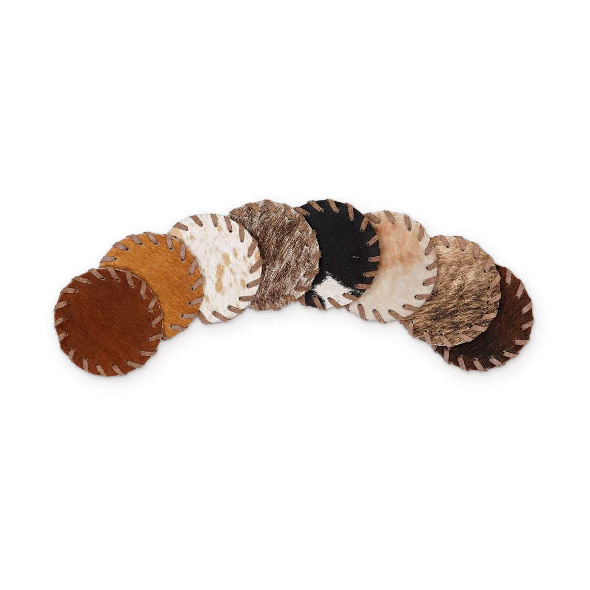 8 plain cowhide coasters in mixed hide colours