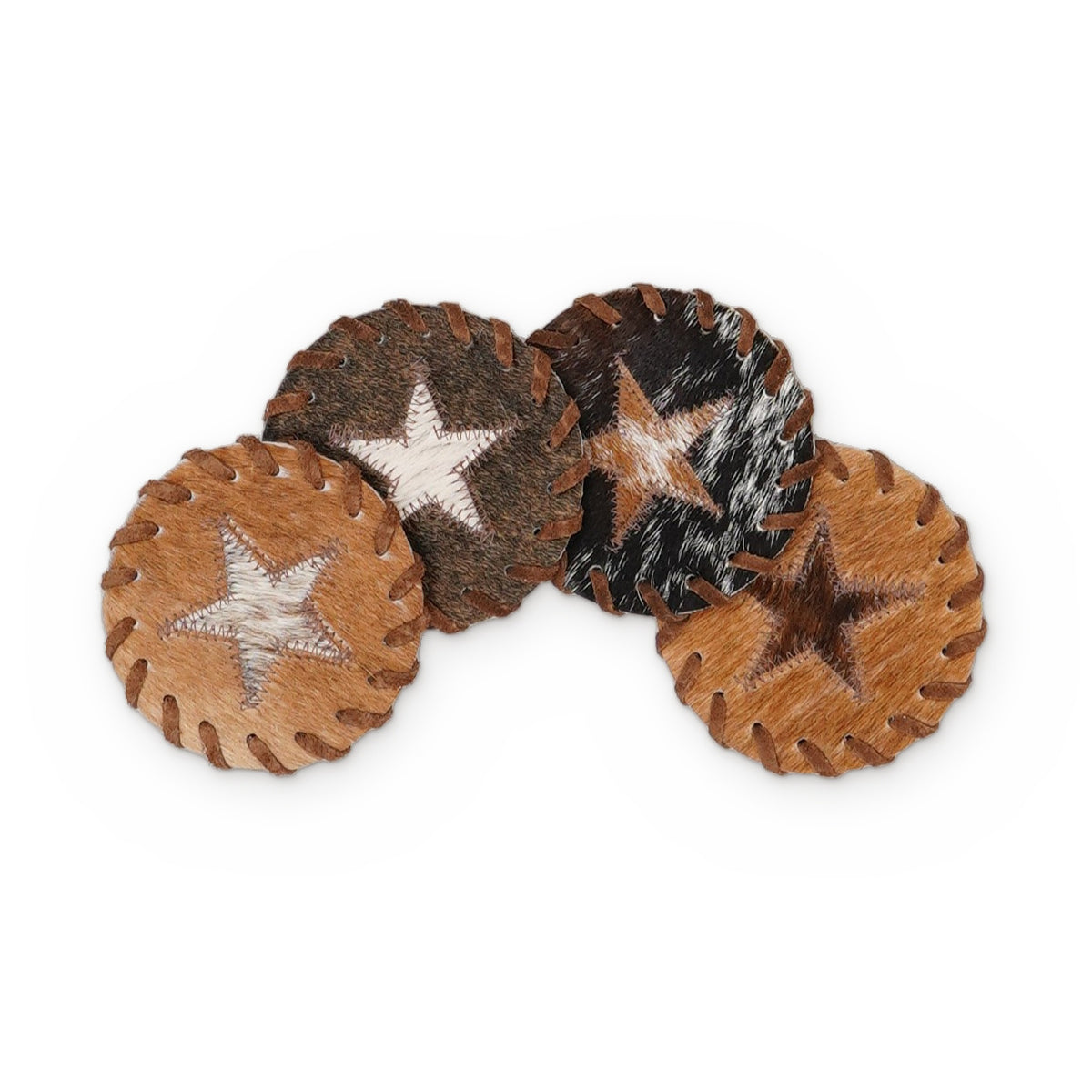 4 cowhide coasters with a star, laced with leather