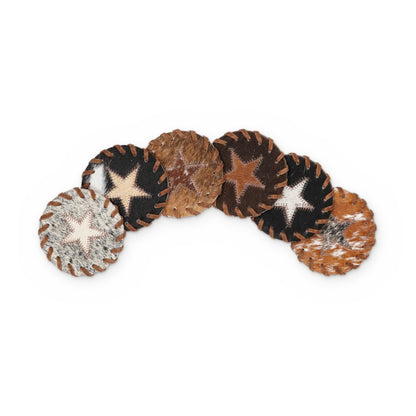 6 cowhide coasters with a star in mixed hide colours