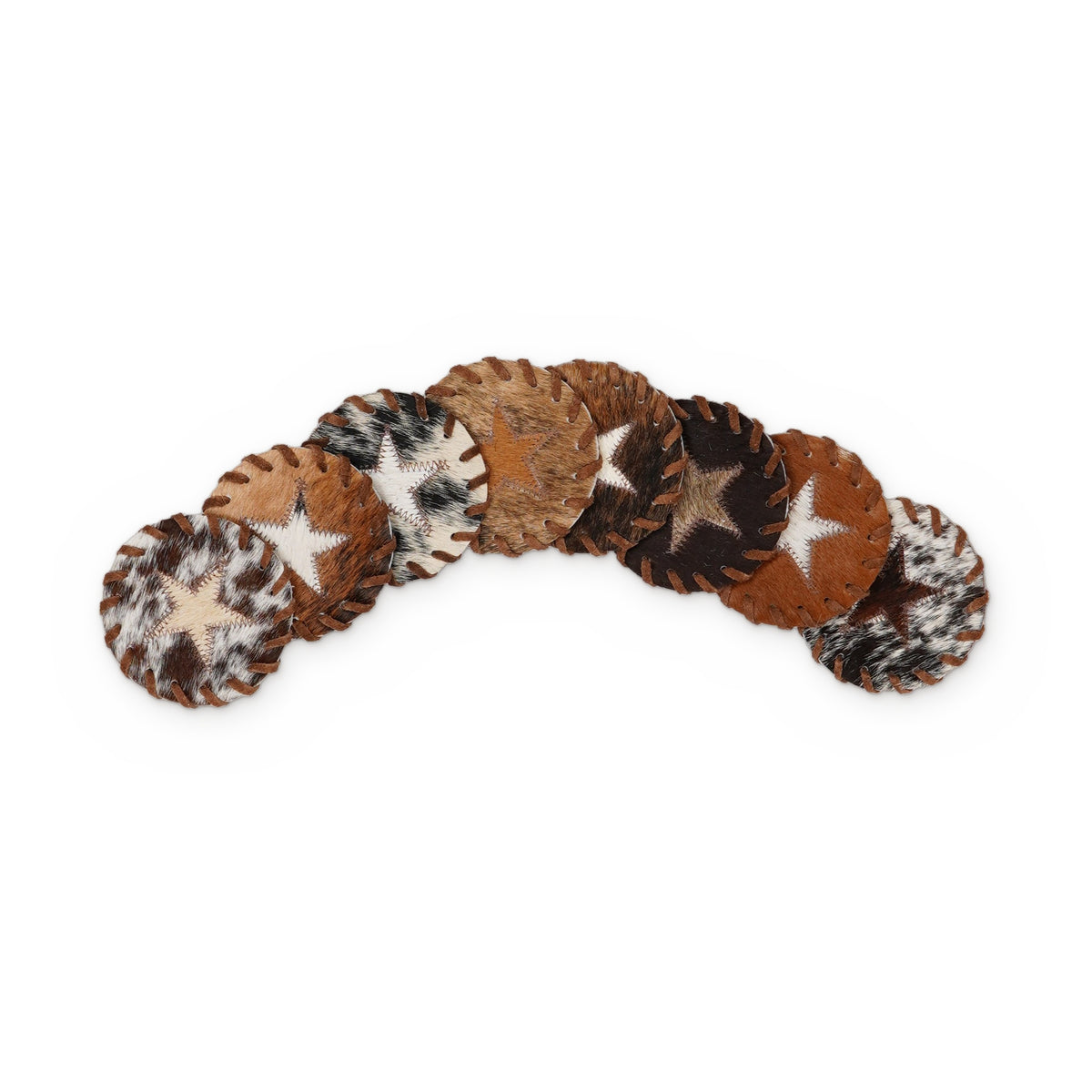 8 cowhide coasters with a star in mixed hide colours
