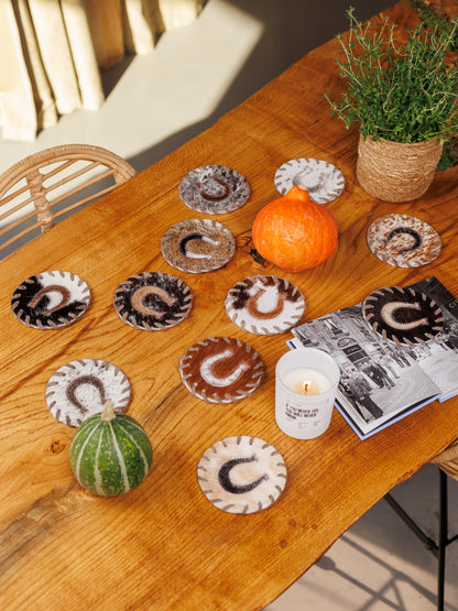 Cowhide coasters with a horseshoe on a wooden table, with a pumpkin, a candle and a pot of herbs
