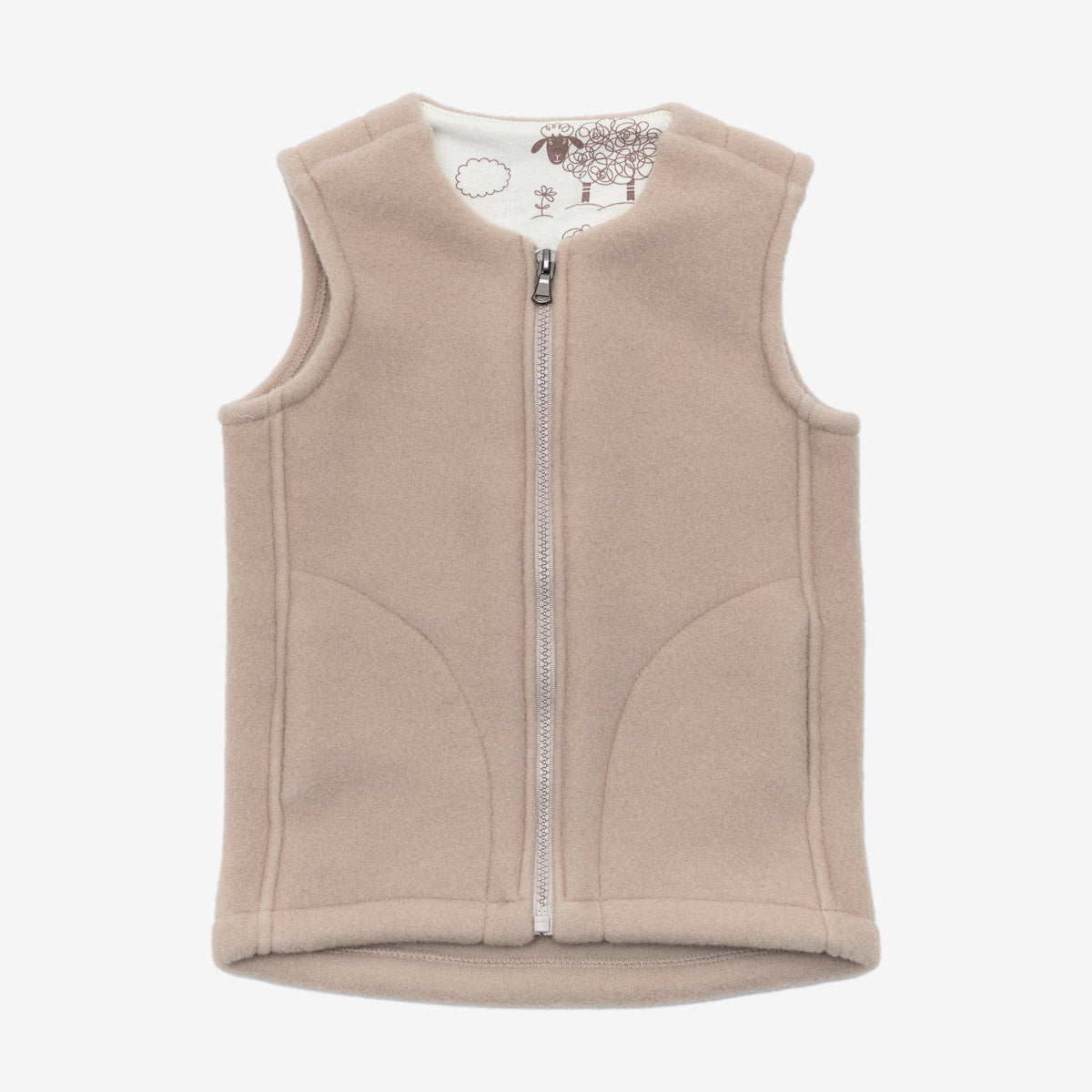 Children's merino vest Lama in beige, front with zip