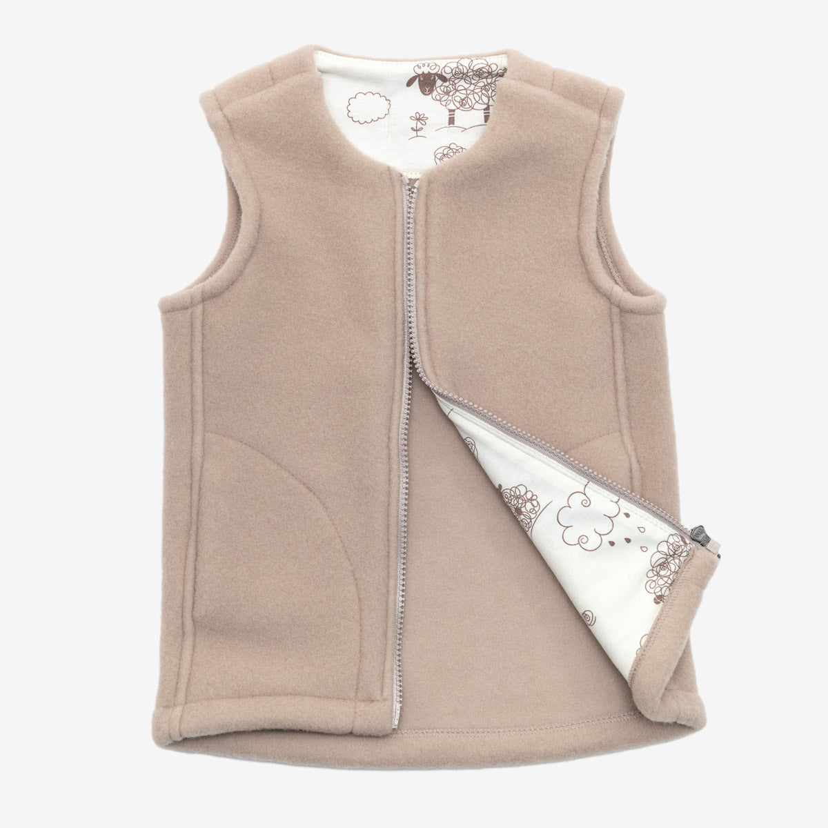 Lama merino vest open to show its printed lining