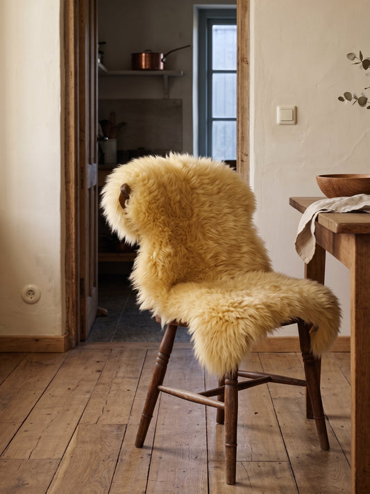 Long-haired medical sheepskin over a wooden chair