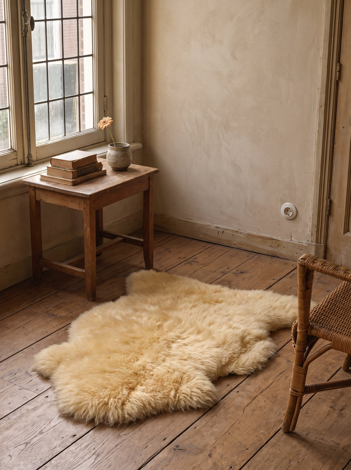 Long-haired medical sheepskin on the floor beside a chair