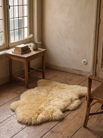 Long-haired medical sheepskin on the floor beside a chair