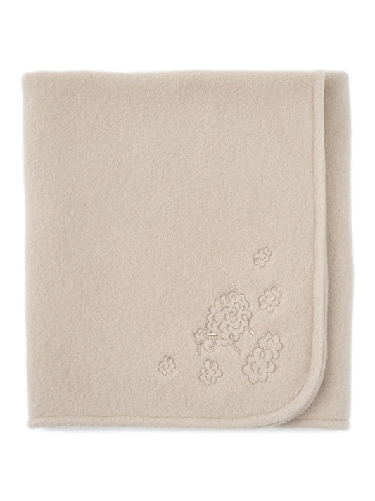 Merino baby blanket Sheep in beige, folded, with embroidered sheep