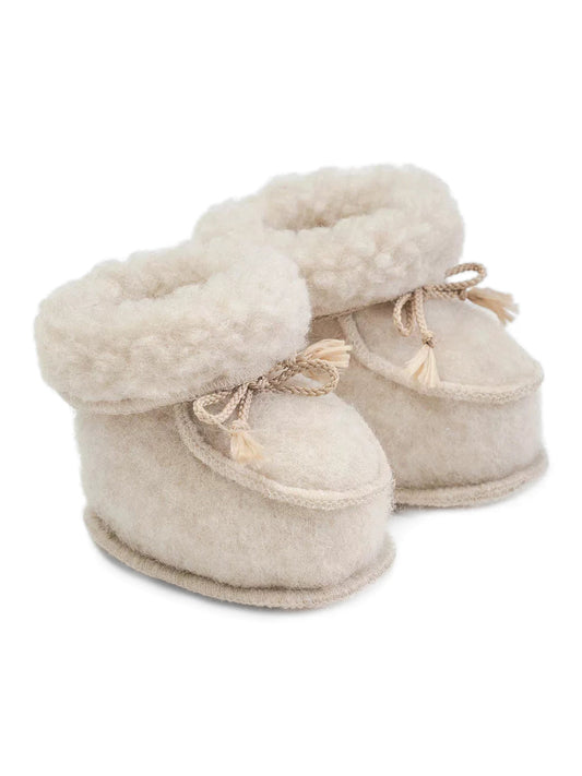 Merino baby booties with a wool cuff and ties, pair