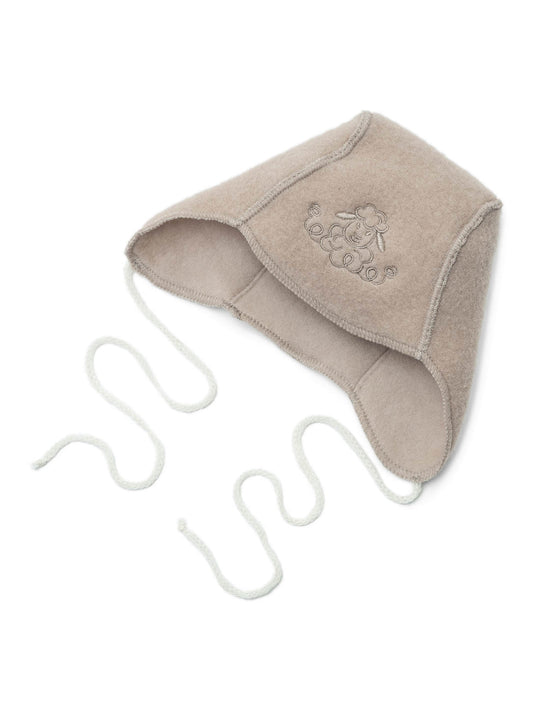 Merino baby hat Sheep in beige, with ties and an embroidered sheep