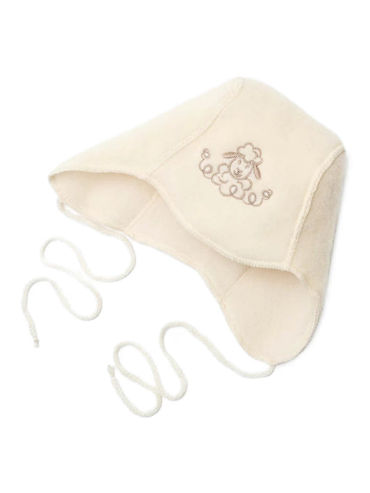 Merino baby hat Sheep in ecru, with ties and an embroidered sheep