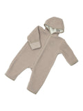 Merino baby romper Sheep in beige, with a hood
