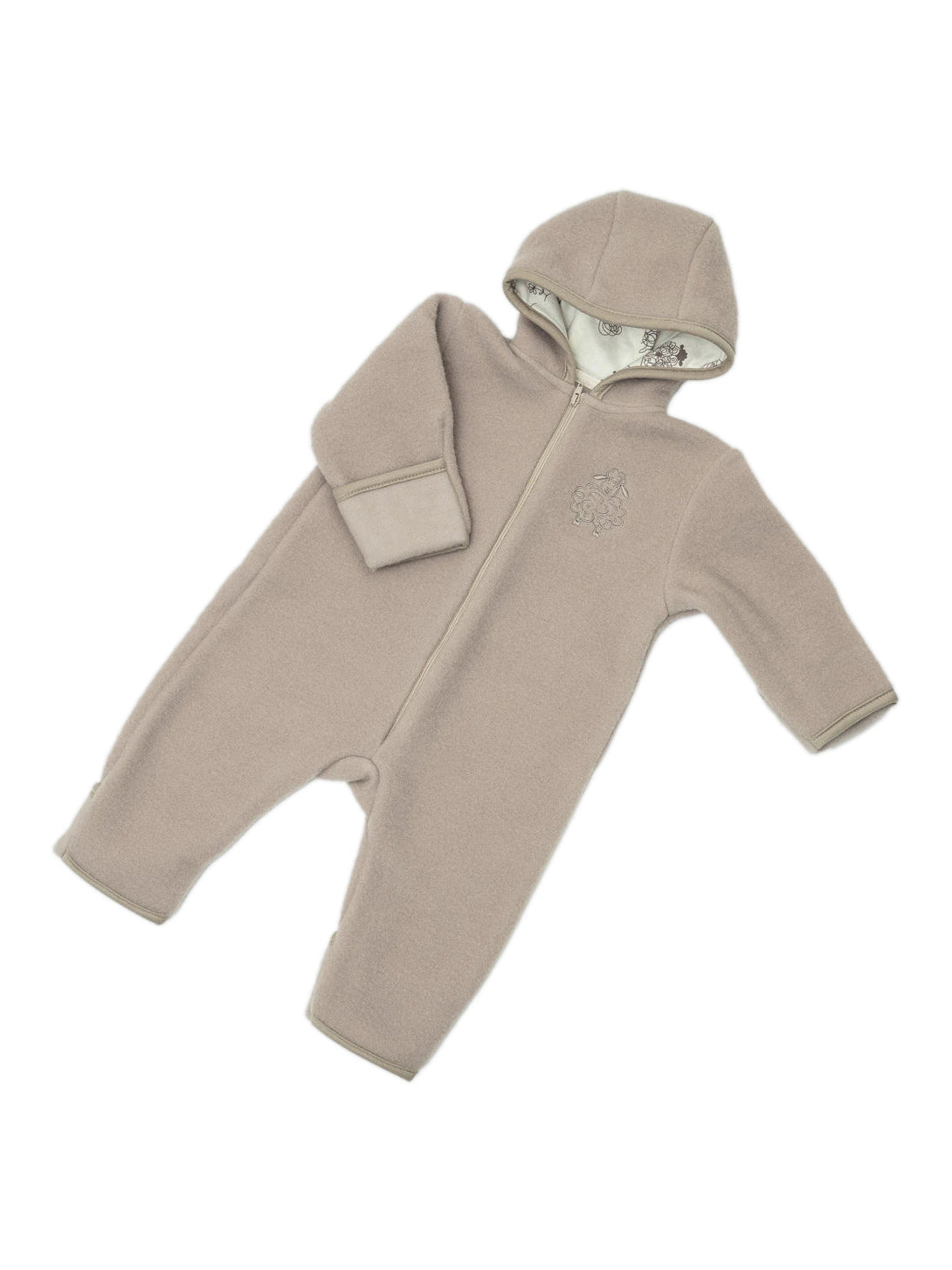 Merino baby romper Sheep in beige, with a hood