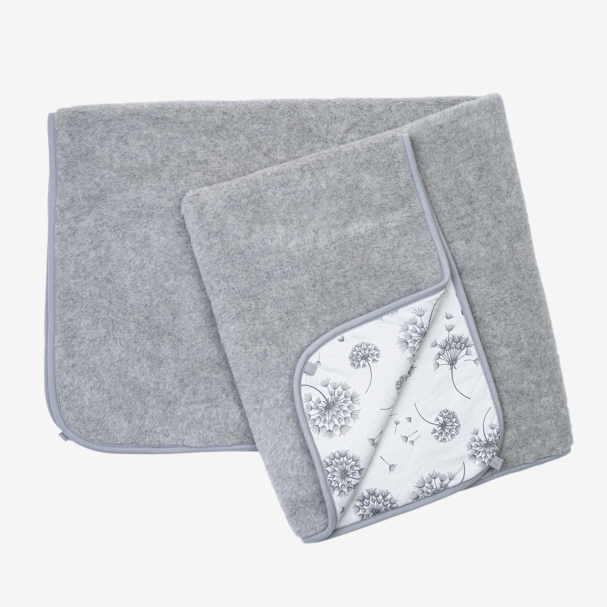 Dandelion 2-ply blanket folded open to show the merino side and the printed cotton side