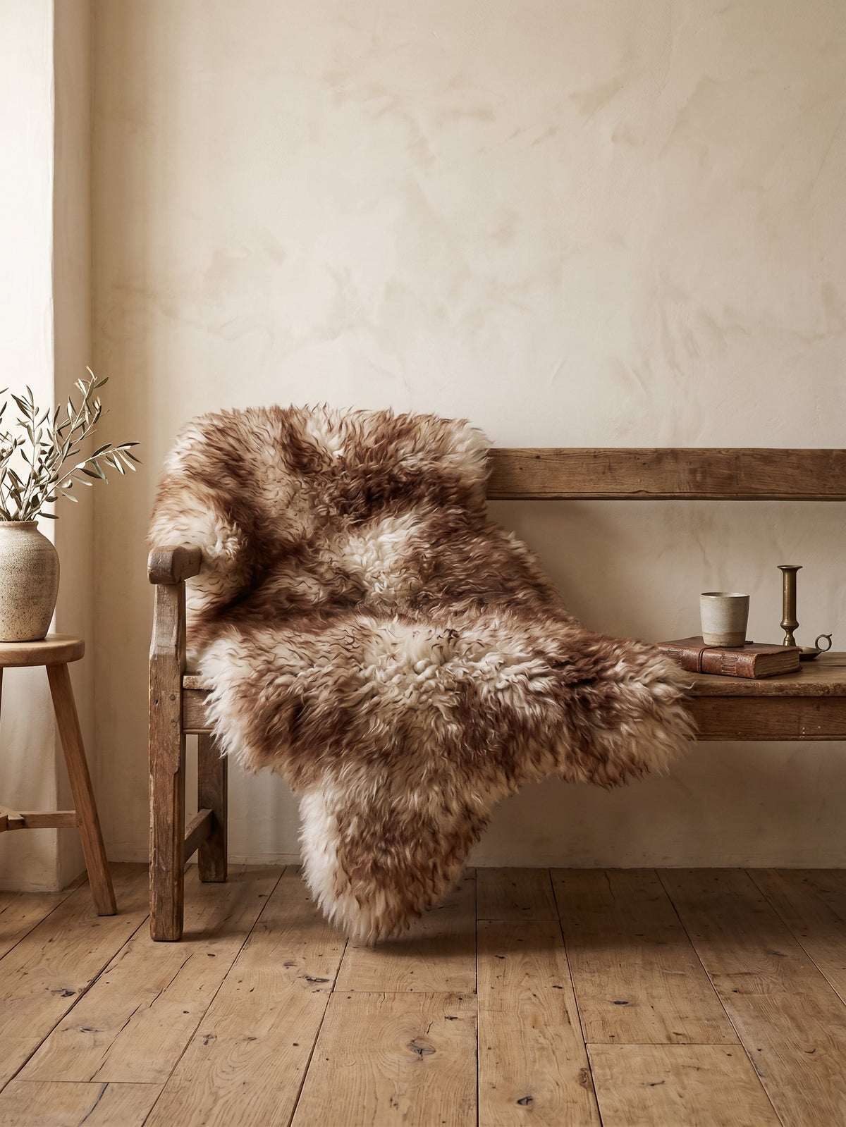 Mouflon sheepskin rug on a wooden bench