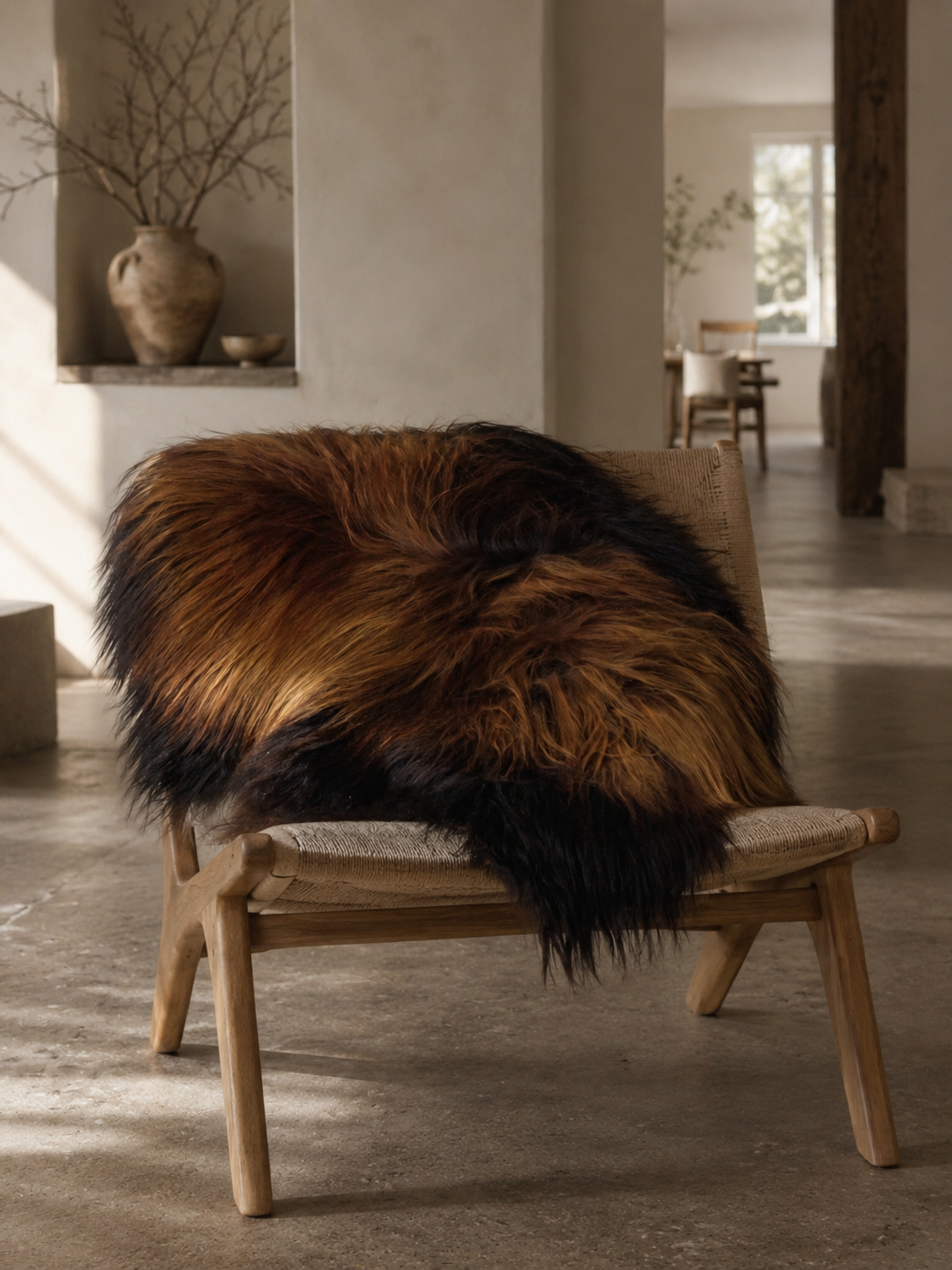 Icelandic Rusty sheepskin draped over a wooden chair