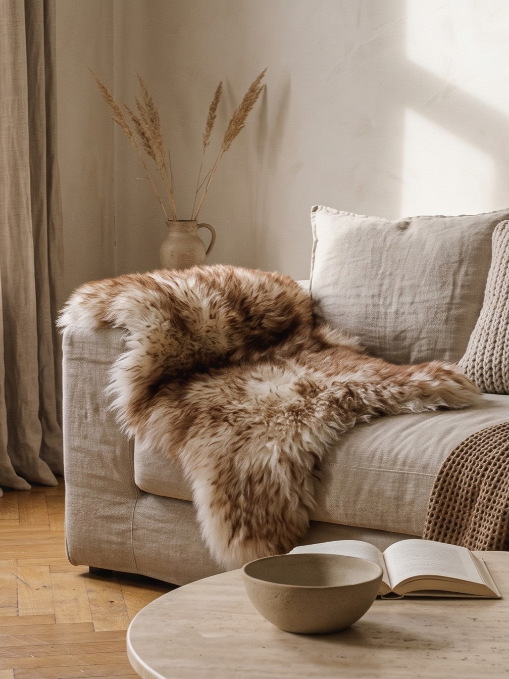 Mouflon sheepskin over a sofa with a cushion