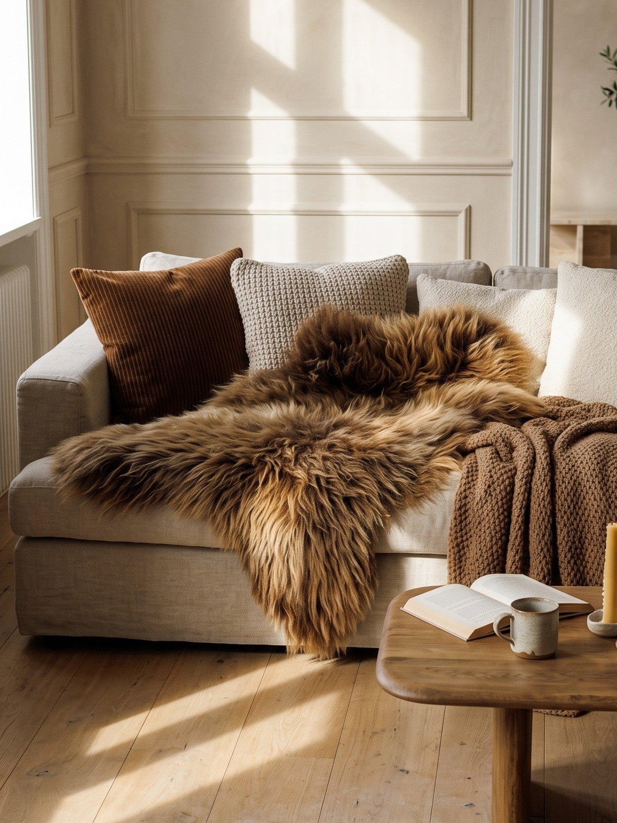 Brown Icelandic sheepskin over a sofa in a sunlit living room