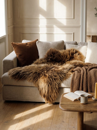Brown Icelandic sheepskin over a sofa in a sunlit living room