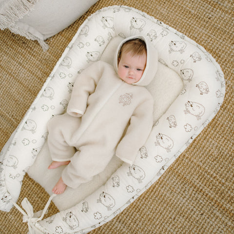 Merino Wool Baby Romper “Sheep”; Ecru