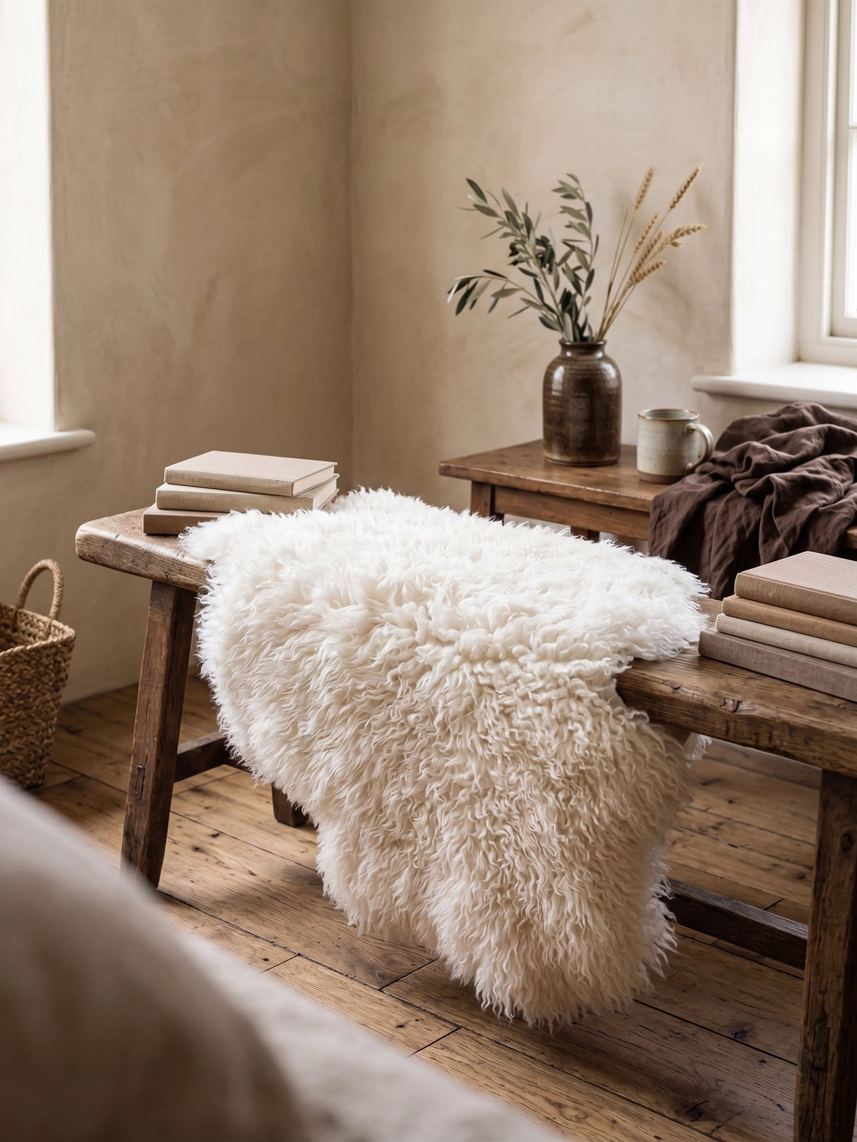 White curly sheepskin over a wooden bench, close up