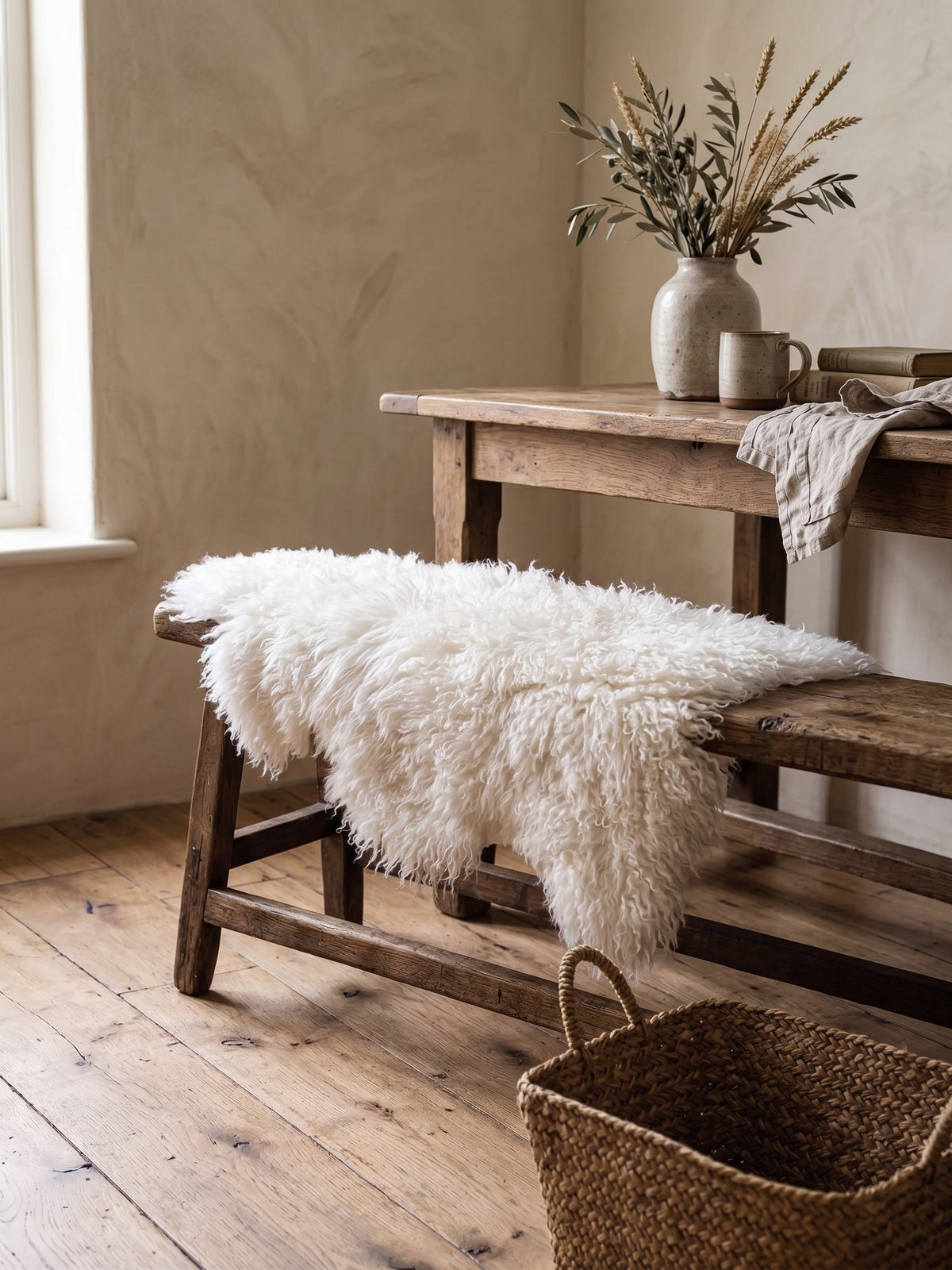 White curly sheepskin on a wooden bench