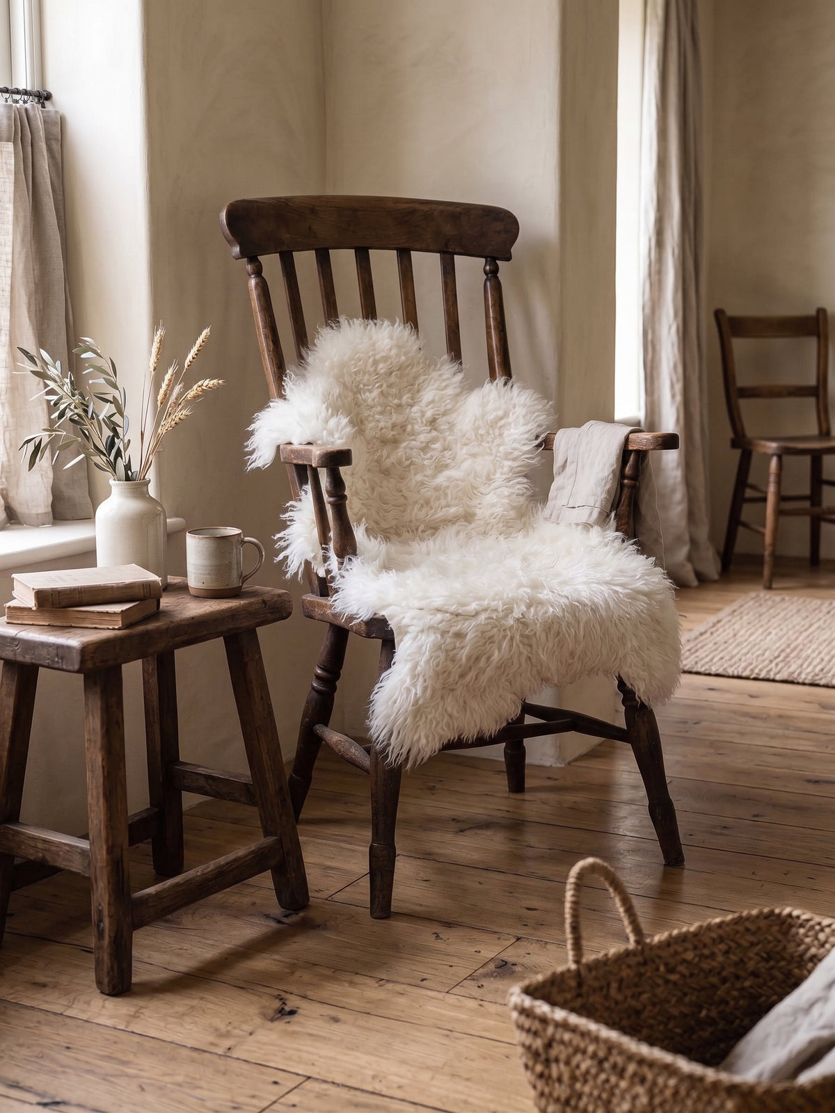 White curly sheepskin over a wooden chair