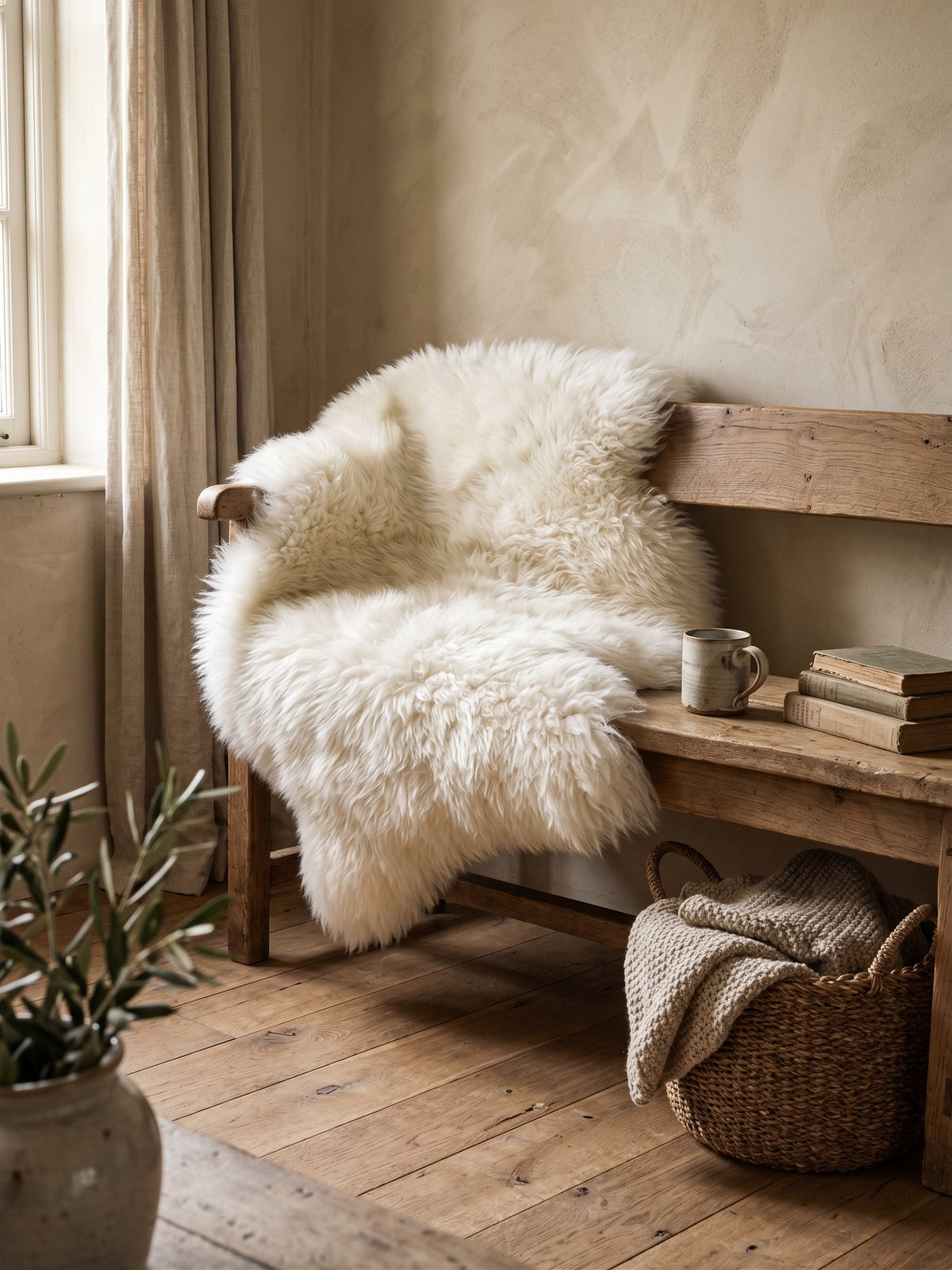 White sheepskin over a wooden bench by the window