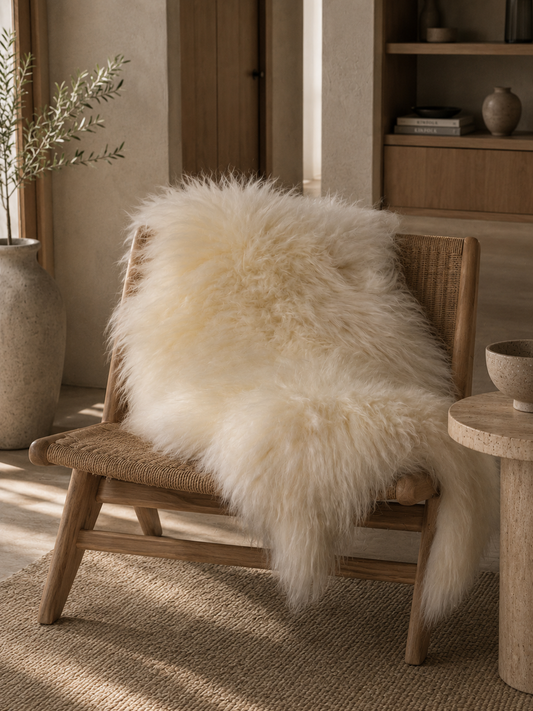 White Icelandic sheepskin draped over a wooden chair