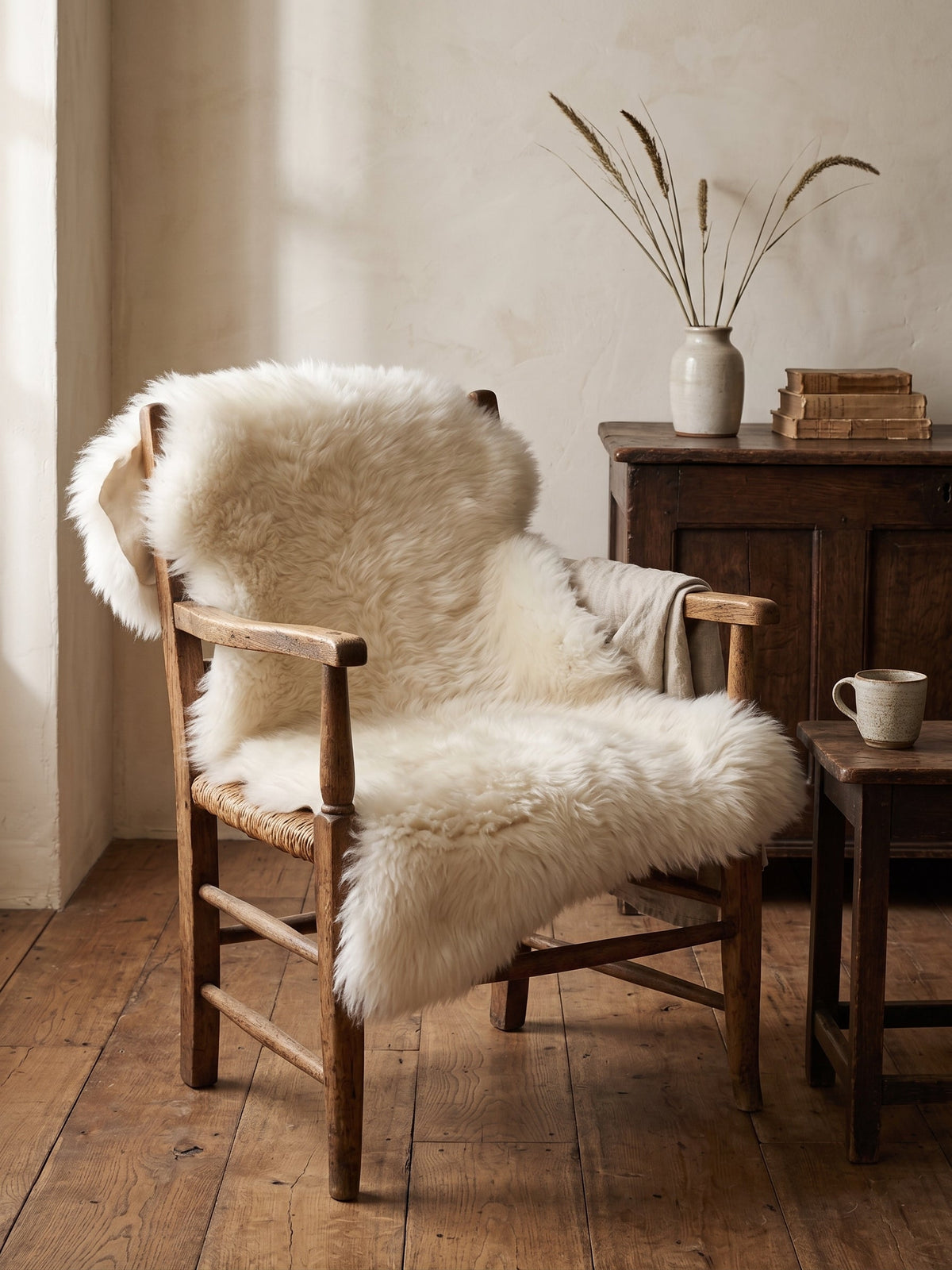 White sheepskin over a wooden armchair